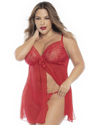 Babydoll, grande taille, en dentelle et résille rouge ouvert sur le devant