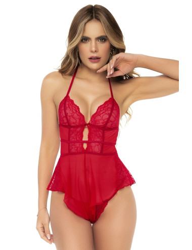 Body rouge effet babydoll et string assorti