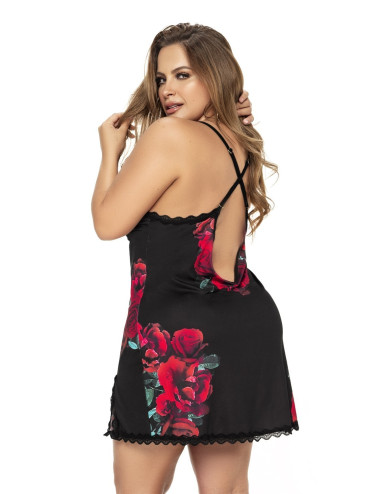 Nuisette noire grande taille motif fleuri et string assorti - MAL7438XBLF Mapalé 