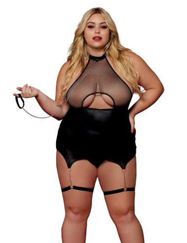 Body BDSM noir, grande taille, en maille avec corset / porte-jarretelles, simili cuir, intégré