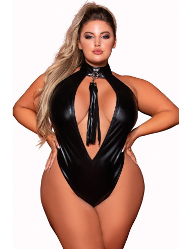 Body en simili cuir grande taille, extensible avec col clouté et fouet