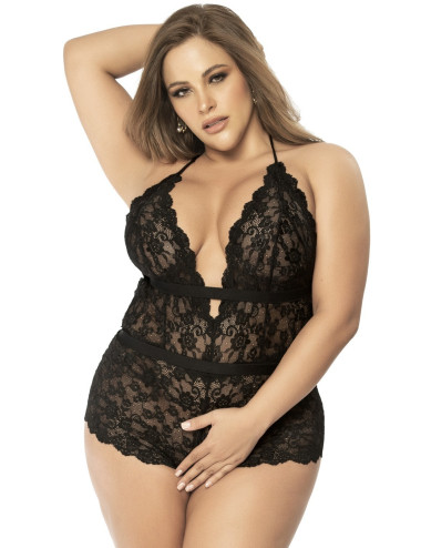 Body grande taille en dentelle florale noire ouvert avec dos