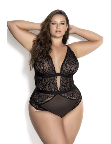 Body noir grande taille en dentelle et résille