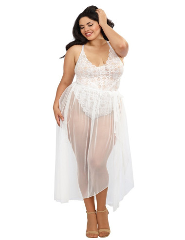 Body string grande taille blanc échancré dentelle avec jupe de maille transparente amovible