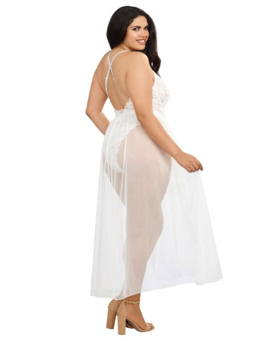 Body string grande taille blanc échancré dentelle avec jupe de maille transparente amovible - DG10996XWHT Dreamgirl 