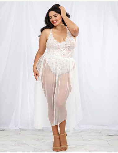 Body string grande taille blanc échancré dentelle avec jupe de maille transparente amovible - DG10996XWHT Dreamgirl 