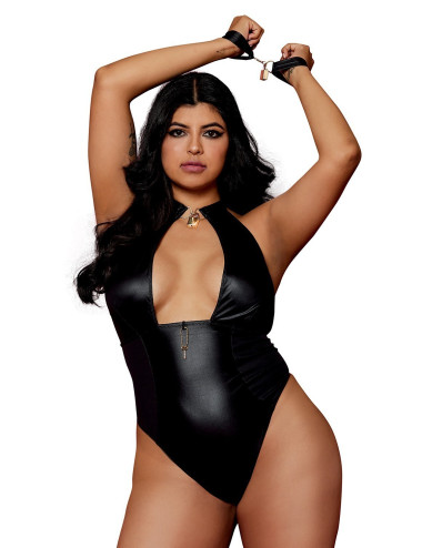 Body wetlook noir grande taille avec menottes, cadenas bijoux et clé bijou inclus