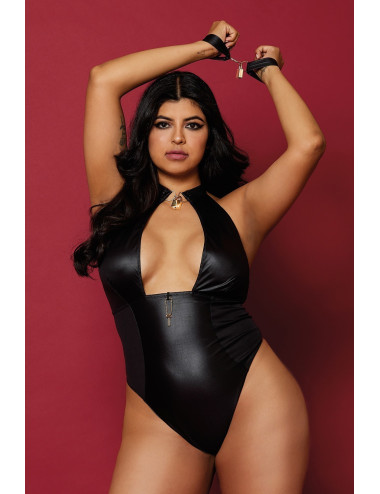 Body wetlook noir grande taille avec menottes, cadenas bijoux et clé bijou inclus - DG12814XBLK Dreamgirl 