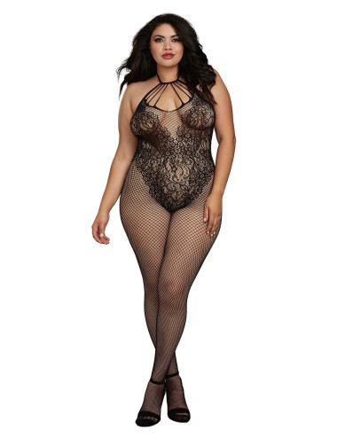 Bodystocking Grande taille résille dans un style Body avec magnifique décolleté à lanières