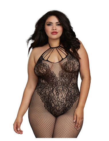 Bodystocking Grande taille résille dans un style Body avec magnifique décolleté à lanières - DG0326XBLK Dreamgirl 