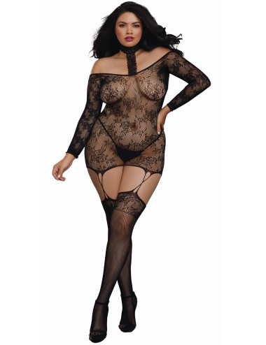 Bodystocking résille guêpière grande taille réversible avec tour de cou