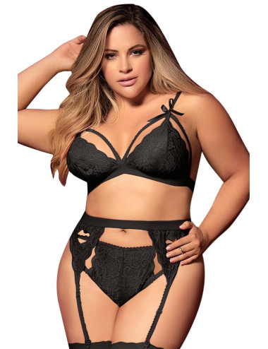 Ensemble 3 pièces noir grande taille soutien-gorge string porte-jarretelles