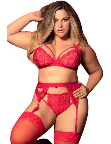 Ensemble 3 pièces rouge grande taille soutien-gorge string porte-jarretelles