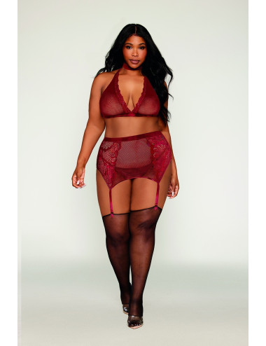 Ensemble 4 pièces grande taille soutien gorge, tour de cou, string et porte jarretelles rouge - DG11776XGAR Dreamgirl 