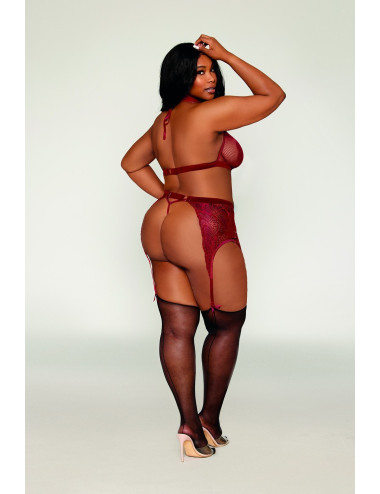 Ensemble 4 pièces grande taille soutien gorge, tour de cou, string et porte jarretelles rouge - DG11776XGAR Dreamgirl 