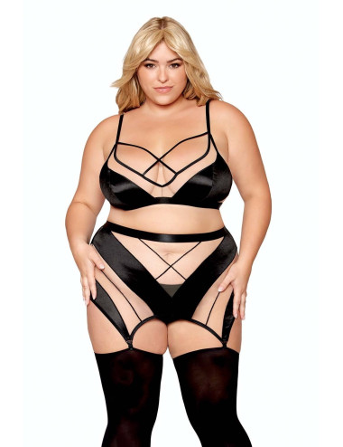 Ensemble grande taille avec Soutien-gorge, jupe porte-jarretelles, string 