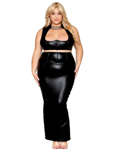 Ensemble Soutien-gorge et jupe longue, grande taille, noir en simili cuir