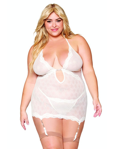 Guépière porte jarretelles blanche grande taille avec strass et string inclus