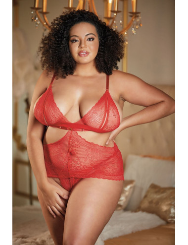 Nuisette dentelle rouge grande taille avec string ouvert ROSIE