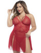 Nuisette dos nu, grande taille, en dentelle rouge et fine résille avec string - MAL7506XRED Mapalé 