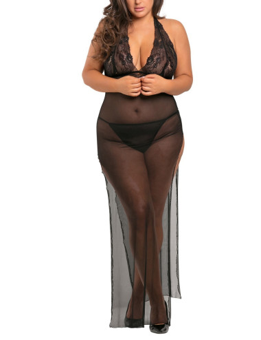 Nuisette longue grande taille fendue transparente - REN51004X-BLK René Rofé 