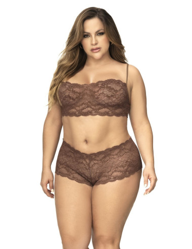 Ensemble 2 pièces en dentelle grande taille couleur cacao