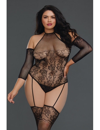 Bodystocking grande taille résille effet bas jarretelles - DG0310XBLK Dreamgirl 