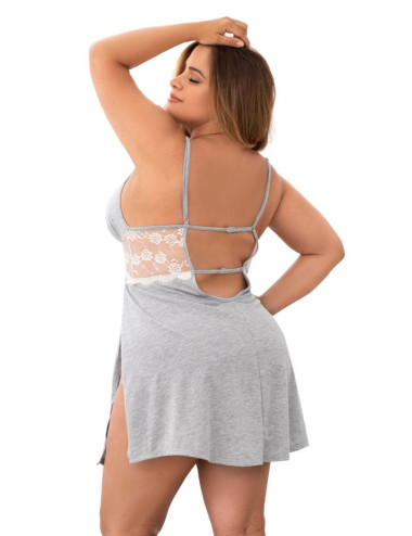 Nuisette en coton grise grande taille fendue sur les côtés et finition dentelle blanche - MAL7313XGREY Mapalé 