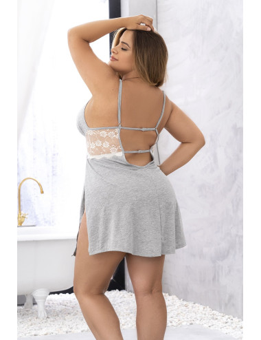 Nuisette en coton grise grande taille fendue sur les côtés et finition dentelle blanche - MAL7313XGREY Mapalé 