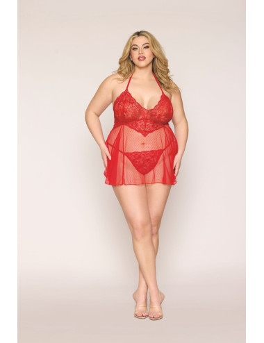 Nuisette grande taille rouge en résille et dentelle florale, string assorti - DG13524XRED Dreamgirl 