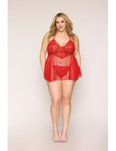 Nuisette grande taille rouge en résille et dentelle florale, string assorti - DG13524XRED Dreamgirl 