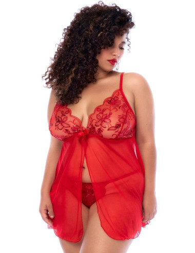 Nuisette ouverte grande taille rouge et string assorti - MAL7559XRD