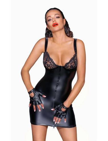 F254 Mini-robe Powerwetlook avec poitrine en dentelle et fermeture éclair à 2 sens Noir Handmade 