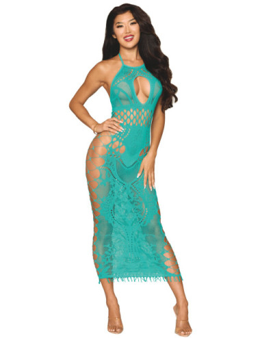 Robe longue résille fantaisie turquoise