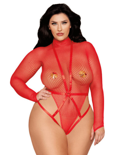 Ensemble 2 pièces grande taille, bodystring résille rouge et harnais