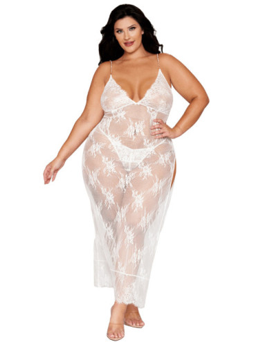 Nuisette longue blanche grande taille en dentelle florale, string assorti