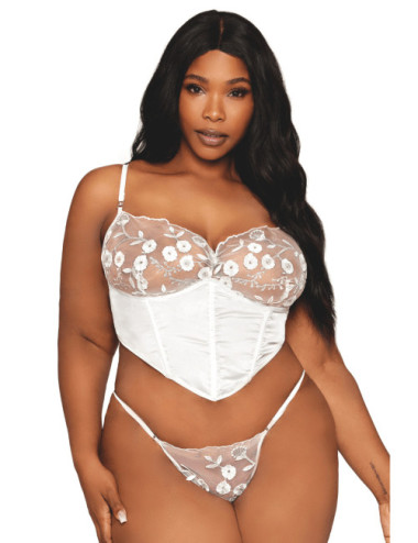 Bustier blanc avec armatures grande taille, en satin et dentelle florale