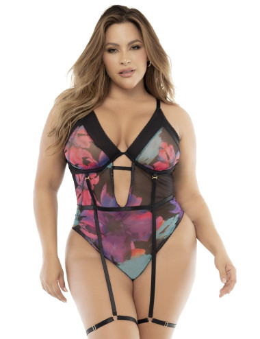 Body noir, grande taille, imprimé fleurs exotiques