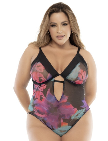 Body noir, grande taille, imprimé fleurs exotiques Mapalé 