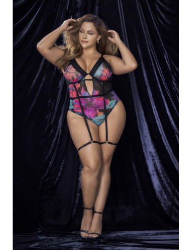 Body noir, grande taille, imprimé fleurs exotiques Mapalé 