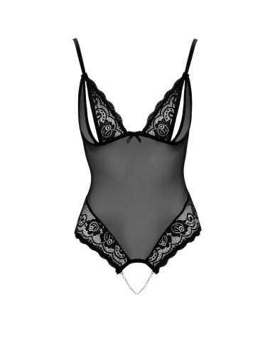 Body string en dentelle et résille noire avec perles à l\'entrejambe - Aline