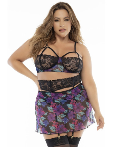 Deux-en-un, nuisette et ensemble trois pièces noir, grande taille, tissu fleur exotique