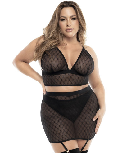 Soutien-gorge, string et jupe, grande taille, résille noire