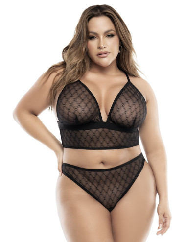 Soutien-gorge, string et jupe, grande taille, résille noire Mapalé 