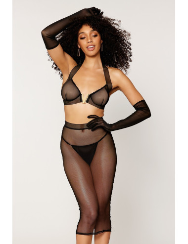 Ensemble 2 pièces, soutien gorge et jupe longue transparente noir