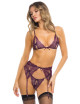 Ensemble 3 pièces violet comprenant Soutien gorge, porte jarretelles et string René Rofé 