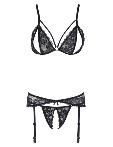 Ensemble trois pièces avec soutien-gorge fendu, porte-jarretelles et string noir