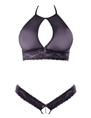 Soutien-gorge bandeau, en dentelle et résille noire et string ouvert - R2213648 COTTELLI & DIVERS 