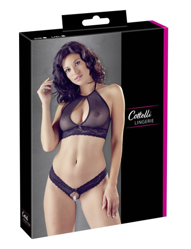 Soutien-gorge bandeau, en dentelle et résille noire et string ouvert - R2213648 COTTELLI & DIVERS 