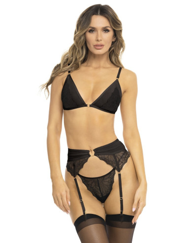 Ensemble 3 pièces noir, soutien gorge, porte jarretelles et string